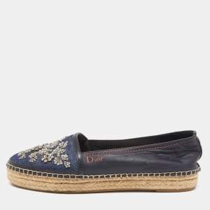 Pre Owned Dior Blue/Black Denim and Leather Espradrille Flats Size 38.5