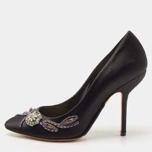 Dior Black Satin Crystal Embellished Round Toe Pumps Size 40