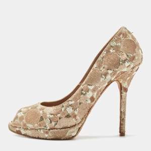 Pre Owned Dior Gold Sequin Embellished Satin Peep Toe Platform Pumps Size 40
