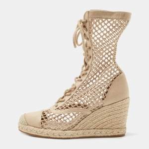 Dior Beige Fishnet and Canvas Naughtily D Wedge Boots Size 38.5