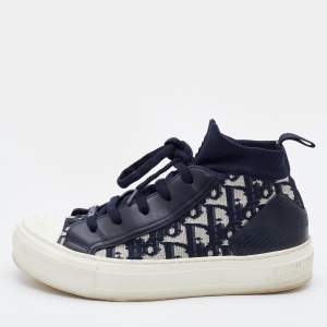 Dior Blue Knit Fabric and Leather Walk'n'Dior High Top Sneakers Size 35.5