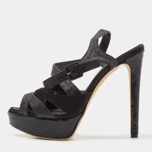 Dior Black Satin and Glitter Platform Ankle Strap Sandals Size 40