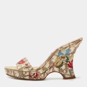 Dior Brown/Beige Oblique Canvas Floral Embroidered Wedge Sandals Size 37.5
