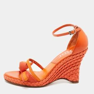 Dior Orange Canvas and Leather Wedge Ankle Strap Sandals