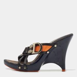 Dior Navy Blue/Orange Canvas and Leather  Wedge Sandals Size 38