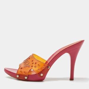 Dior Orange/Pink Perforated PVC Logo Embossed Peep Toe Slides Size 38.5