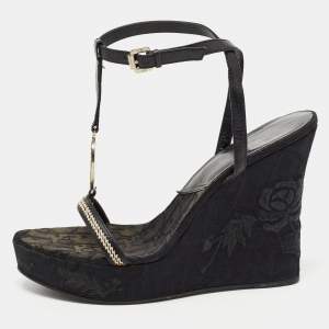 Dior Black Leather Floral Embroidered Wedge Ankle Wrap Sandals Size 38
