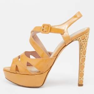 Dior Light Orange Patent Leather Cannage Heel Platform Ankle Strap Sandals Size 38.5