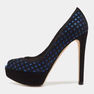 Pre Owned Dior Black Cannage Cutout Suede And Leather Peep Toe Platform Pumps Size 37.5