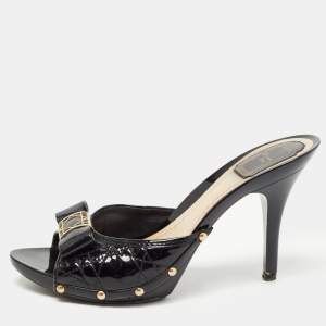 Dior Black Patent Leather Cannage Logo Details Slide Sandals Size 42