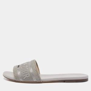 Dior Metal Grey Canvas Dway Flat Slide Sandals Size 36