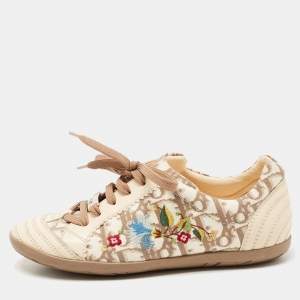 Pre Owned Dior Cream/Brown Oblique Canvas and Leather Floral Embroidered Low Top Sneakers Size 34
