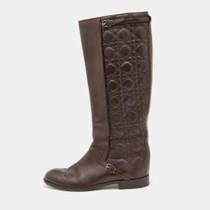 Pre Owned Dior Brown Cannage Leather Riding Knee Length Boots Size 39