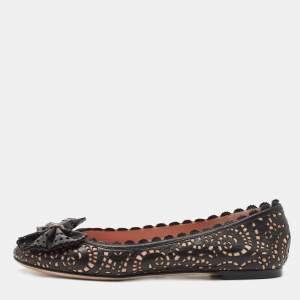 Pre Owned Dior Black/Pink Laser Cut Leather Bow Ballet Flats Size 36