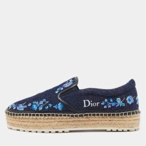 Dior Blue Floral Embroidered Denim Prairie Espadrille Sneakers Size 37