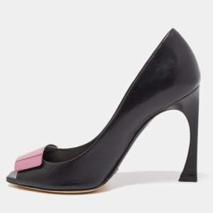 Pre Owned Dior Black Leather Plaque Peep Toe Pumps Size 37.5