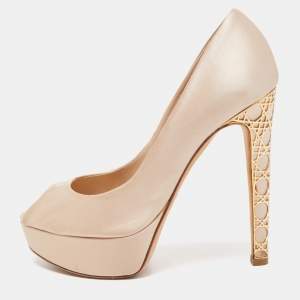 Pre Owned Dior Beige Satin Cannage Heel Peep Toe Platform Pumps Size 37