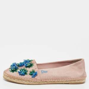 Pre Owned Dior Pink Fabric Embellished Espadrille Flats Size 38