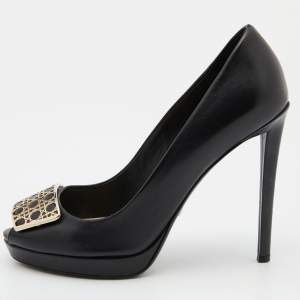 Pre Owned Dior Black Leather Cannage Plaque Peep Toe Platform Pumps Size 38