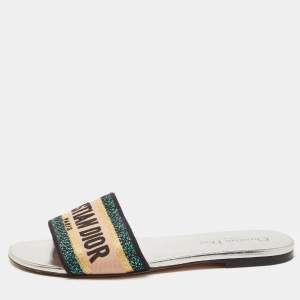 Dior Tricolor Logo Embroidered Canvas Dway Flat Slides Size 39