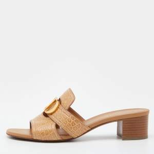 Dior Beige Croc Embossed Leather CD Logo Montaigne Block Heel Slide Sandals Size 39