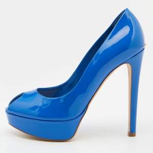 Pre Owned Dior Blue Patent Leather Miss Dior Peep Toe Platform Pumps Size 38.5
