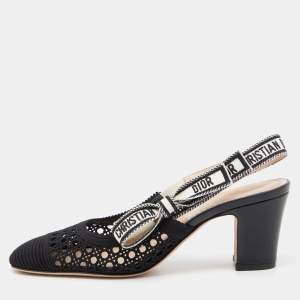 Dior Black Fabric and Leather Moi Block Heel Slingback Sandals Size 36.5