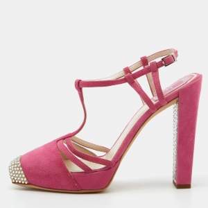 Pre Owned Dior Pink Suede Crystal Embellished Cap Toe Ankle Strap Pumps Size 38