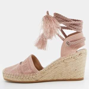 Dior Pink Logo Embroidered Canvas Granville Ankle Tie Wedge Espadrilles Size 38