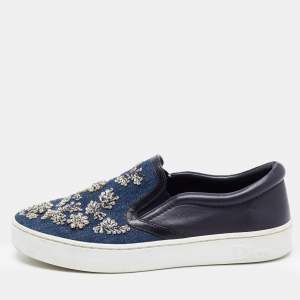 Pre Owned Dior Navy Blue Crystal Embellished Denim and Leather Happy Sneakers Size 36.5