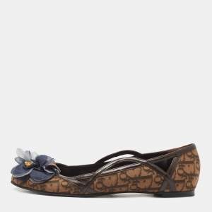 Pre Owned Dior Brown Diorissimo Canvas and Leather Bow Ballet Flats Size 41