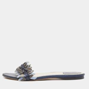 Dior Metallic Blue Leather Flat Slides Size 39