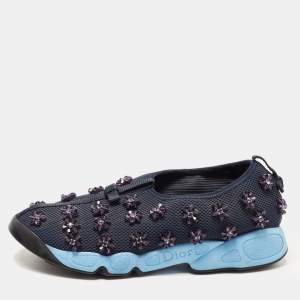 Pre Owned Dior Navy Blue Mesh Fusion Floral Embellished Slip On Sneakers Size 39