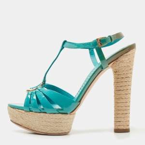 Dior Turquoise Patent Leather CD Buckle Espadrille Platform Strappy Sandals Size 37