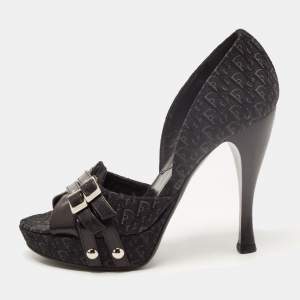 Pre Owned Dior Black Oblique Canvas and Leather Open Toe Platform D'orsay Pumps Size 36