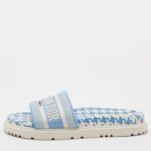 Dior Blue/White Canvas Dway Flat Slides Size 38