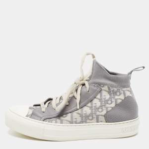 Dior Grey/White Leather and Oblique Knit Fabric Walk'n'Dior High Top Sneakers Size 38
