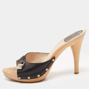 Dior Black Leather Lock Charm Wooden Clogs Size 40.5