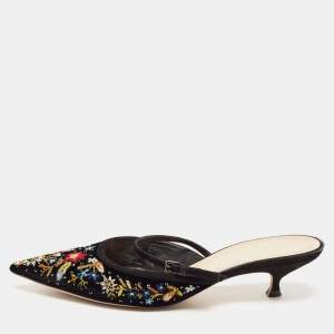 Dior Black Velvet Embroidered Dioreve Mules Size 41