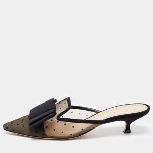 Dior Black Polka Dot Mesh and Canvas Bow Pointed Toe Mules Size 39