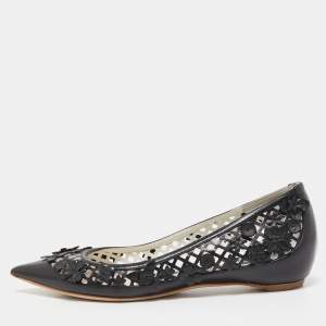 Dior Black Laser Cut Leather Floral Applique Ballet Flats Size 37