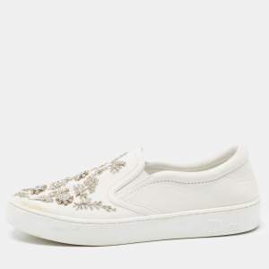 Dior White Leather and Canvas Crystal Embellished Slip On Sneakers Size 39