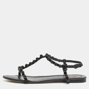 Pre Owned Dior Black Satin Pearl Embellished T Strap Flat Sandals Size 40