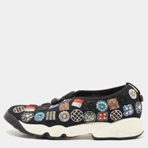 Pre Owned Dior Black Mesh Beaded Embroidered Fusion Sneakers Size 38