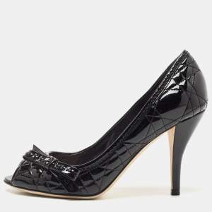 Pre Owned Dior Black Cannage Patent Leather Miss Dior Bow Peep Toe Pumps Size 35.5