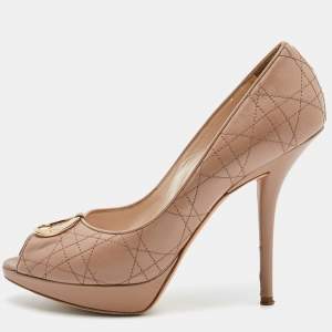 Pre Owned Dior Beige Cannage Leather Peep Toe Pumps Size 39.5