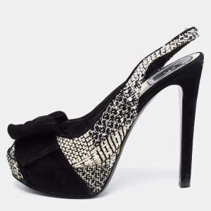 Pre Owned Dior Two Tone Woven Fabric and Suede Bow Peep Toe Slingback Pumps Size 38