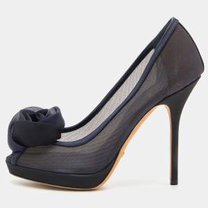Pre Owned Dior Navy Blue Mesh and Satin Trim Flower Peep Toe Platform Pumps Size 39