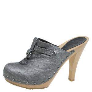 Dior Grey Metallic Cannage Stitched Leather Platform Clogs Size 36.5
