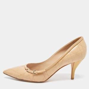 Pre Owned Dior Beige Cannage Leather Buckle Embellished Pointed Toe Pumps Size 37.5